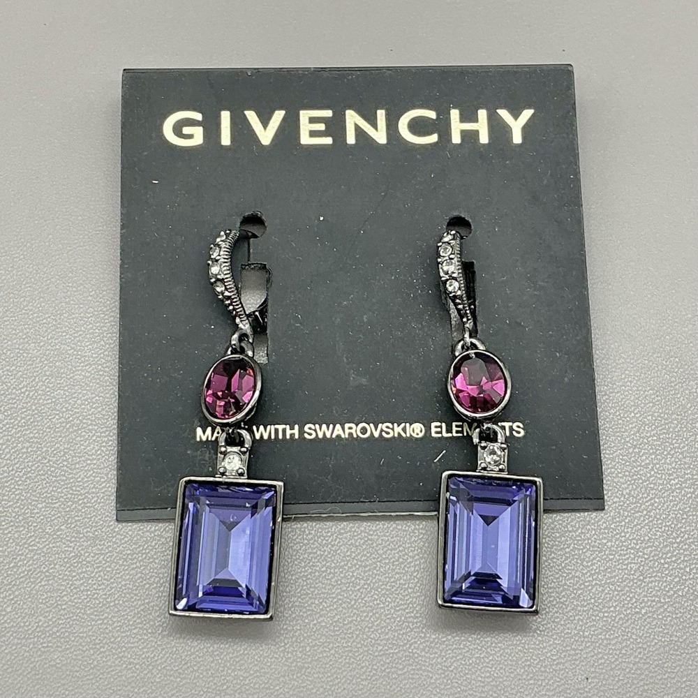 Givenchy Earrings Purple Crystal Drop Swarovski Elements Statement Jewelry 2"